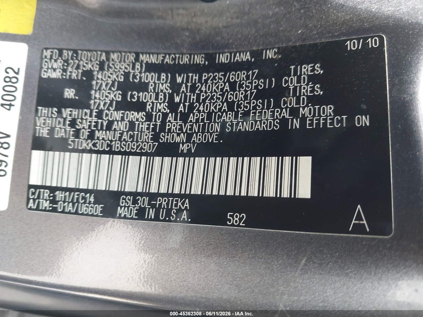 2011 Toyota Sienna VIN 5TDKK3DC1BS092907 IAAI salvage auction — FRONT END, Original (Texas), sold $1,050 on 2026-07-22 (photo 9)