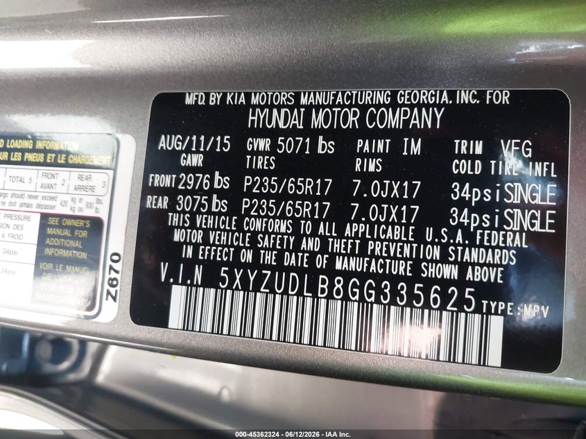 2016 Hyundai Santa fe VIN 5XYZUDLB8GG335625 IAAI salvage auction — REAR END, Salvage (North Carolina), sold $1,425 on 2026-07-16 (photo 9)