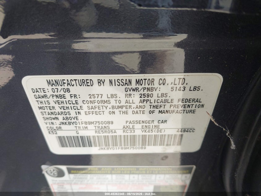 2009 Infiniti M45 VIN JNKBY01F89M750089 IAAI salvage auction — RIGHT FRONT, Salvage (North Carolina), sold $725 on 2026-07-06 (photo 9)