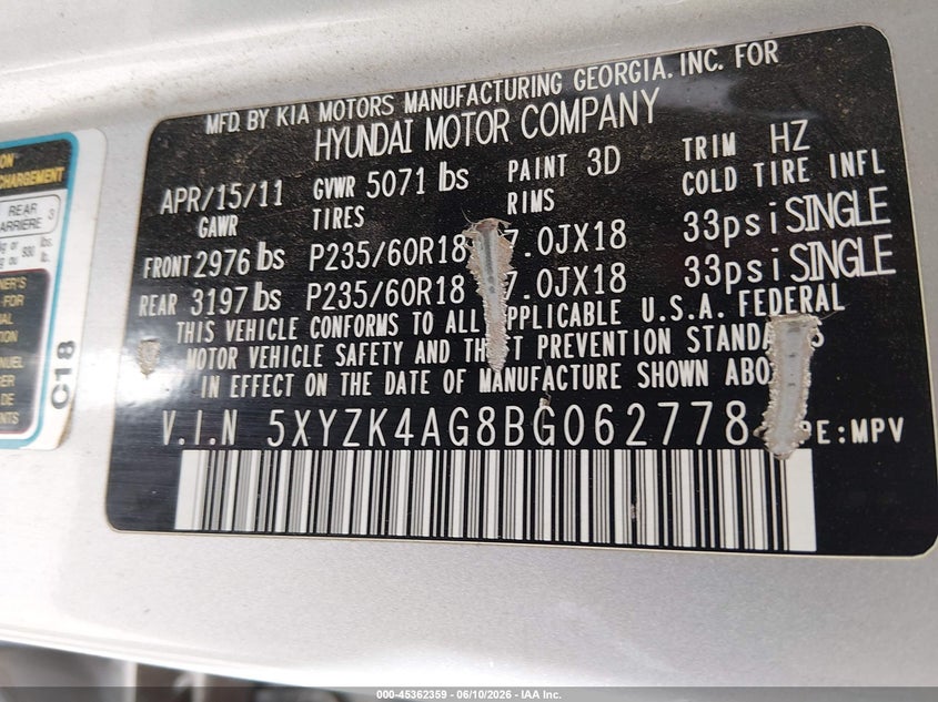 2011 Hyundai Santa fe VIN 5XYZK4AG8BG062778 IAAI salvage auction — NORMAL WEAR, Clear (New Mexico), sold $400 on 2026-07-20 (photo 9)