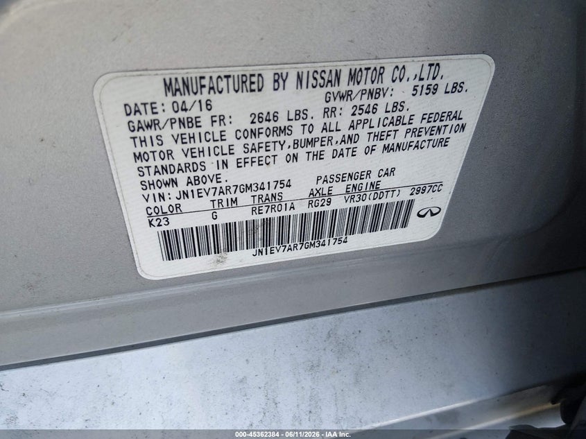 2016 Infiniti Q50 VIN JN1EV7AR7GM341754 IAAI salvage auction — FRONT & REAR, Salvage Title, sold $1,250 on 2026-07-14 (photo 9)