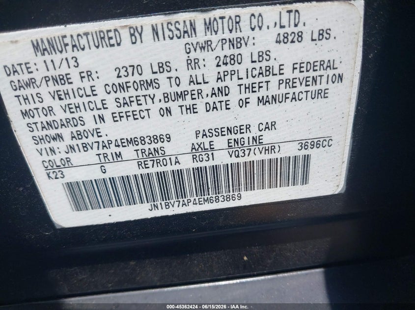 2014 Infiniti Q50 VIN JN1BV7AP4EM683869 IAAI salvage auction — RIGHT FRONT, Salvage (South Carolina), sold $600 on 2026-07-07 (photo 9)