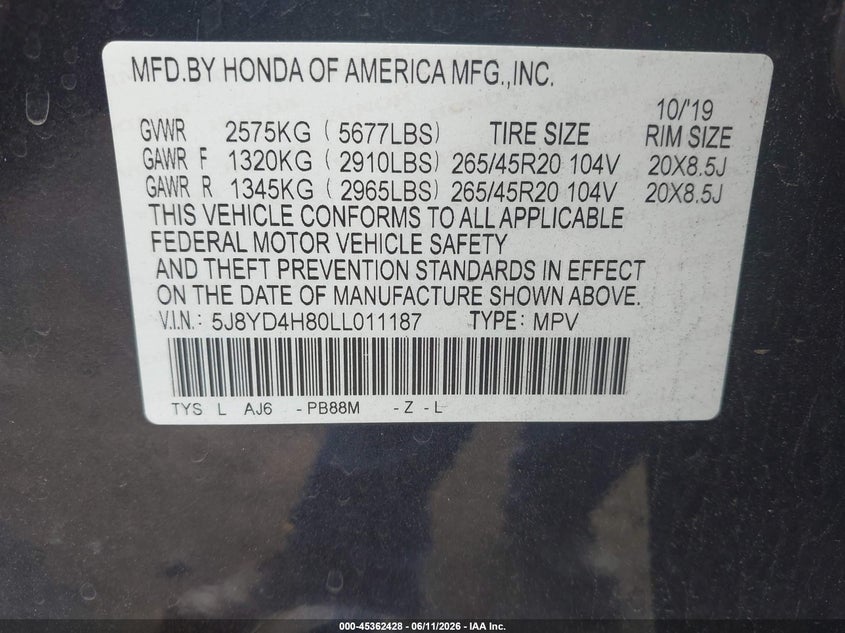 2020 Acura Mdx VIN 5J8YD4H80LL011187 IAAI salvage auction — FRONT END, Salvage (Pennsylvania), sold $7,100 on 2026-07-09 (photo 9)