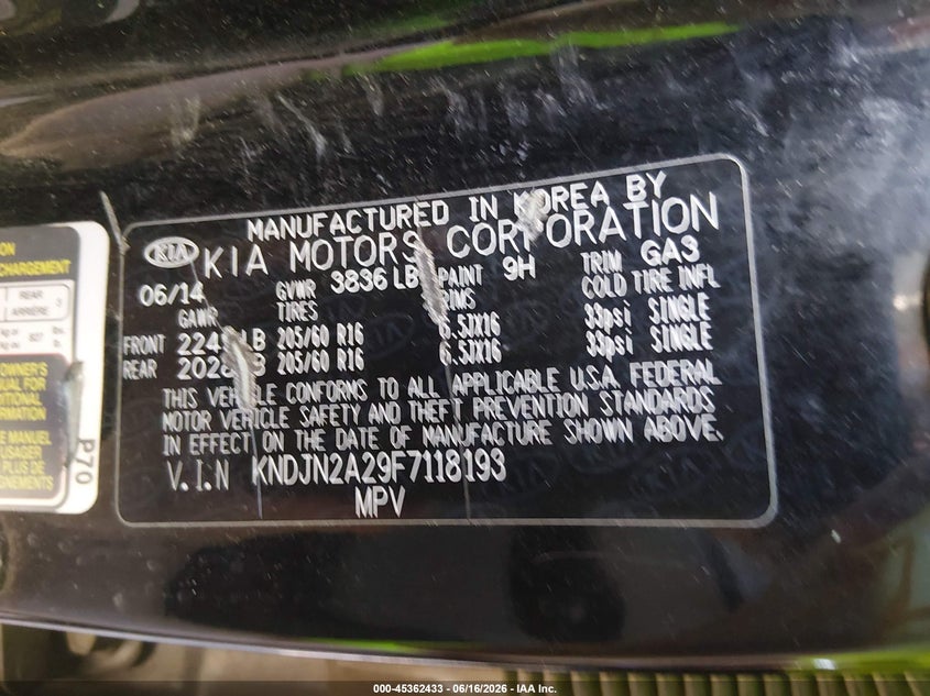 2015 Kia Soul VIN KNDJN2A29F7118193 IAAI salvage auction — LEFT FRONT, Salvage (Ohio), sold $675 on 2026-07-15 (photo 9)