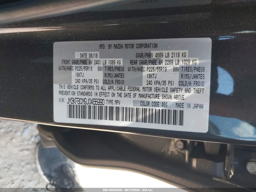 2018 Mazda Cx-5 VIN JM3KFBCM9J0455990 IAAI salvage auction — LEFT FRONT, Salvage (North Carolina), sold $6,300 on 2026-07-16 (photo 9)