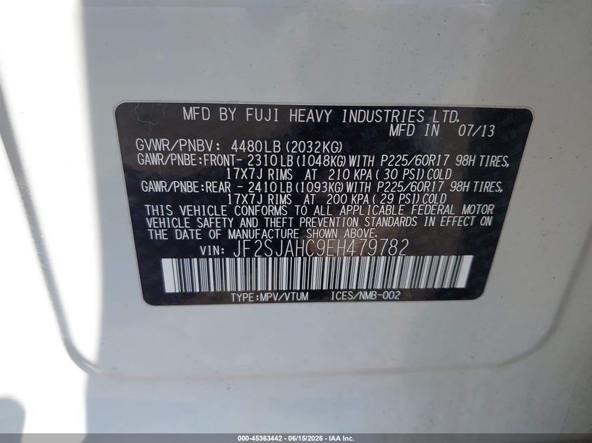 2014 Subaru Forester VIN JF2SJAHC9EH479782 IAAI salvage auction — FRONT & REAR, Salvage (Idaho), sold $950 on 2026-07-08 (photo 9)