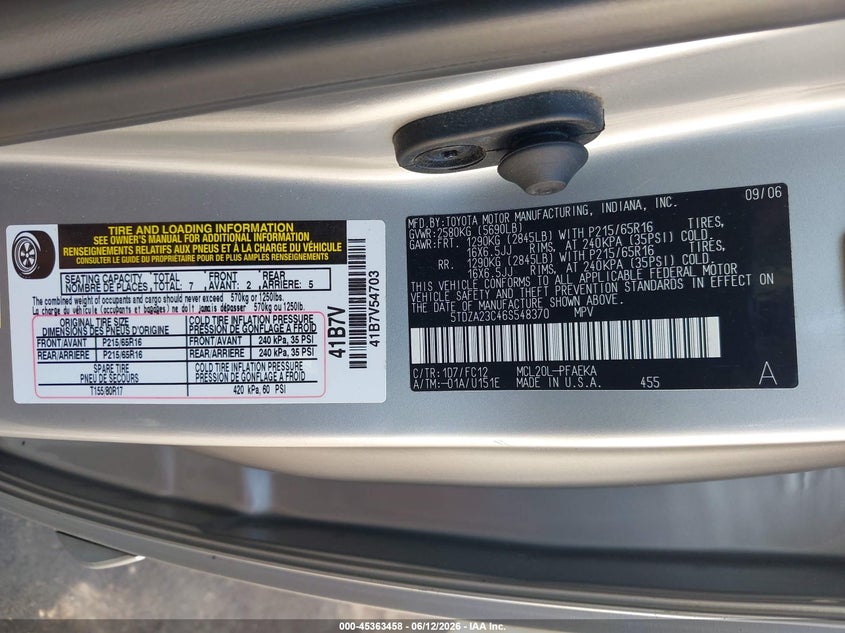 2006 Toyota Sienna VIN 5TDZA23C46S548370 IAAI salvage auction — LEFT FRONT, Salvage (North Carolina), sold $1,625 on 2026-07-09 (photo 9)