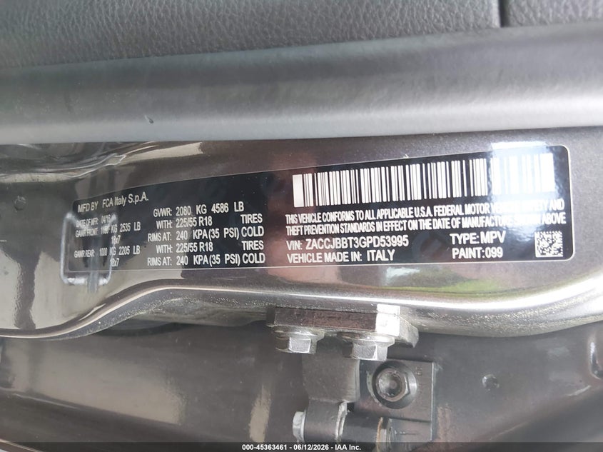 2016 Jeep Renegade VIN ZACCJBBT3GPD53995 IAAI salvage auction — FRONT END, Salvage Title, sold $625 on 2026-07-24 (photo 9)