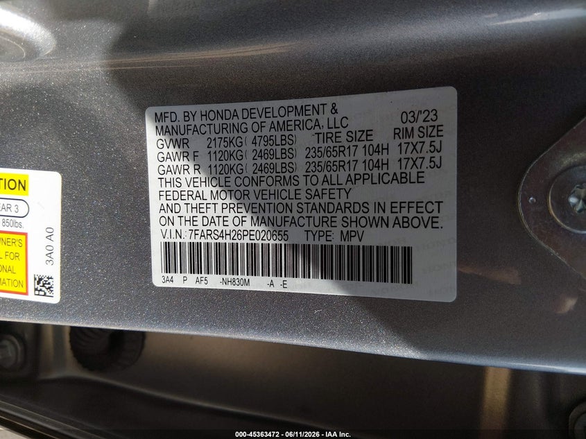 2023 Honda Cr-v VIN 7FARS4H26PE020655 IAAI salvage auction — SIDE, Salvage (Arizona), sold $12,900 on 2026-07-17 (photo 9)