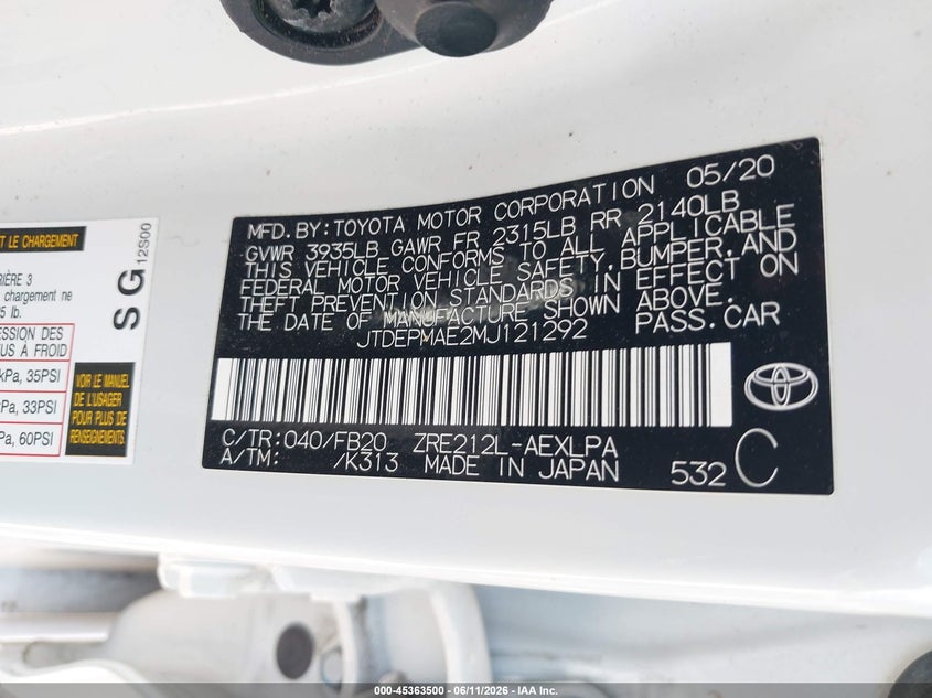 2021 Toyota Corolla VIN JTDEPMAE2MJ121292 IAAI salvage auction — FRONT END, Salvage (Texas), sold $4,750 on 2026-07-31 (photo 9)