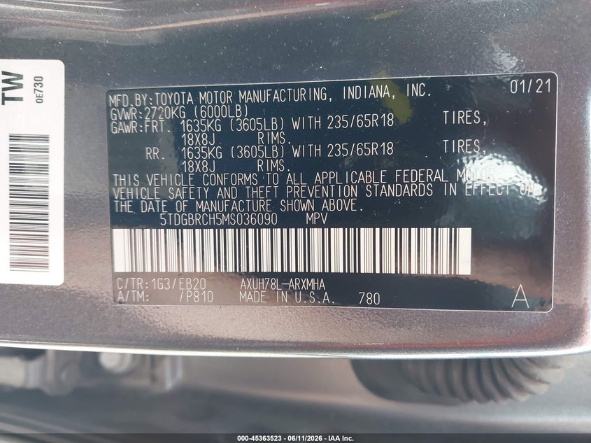 2021 Toyota Highlander VIN 5TDGBRCH5MS036090 IAAI salvage auction — HAIL, Clear (Missouri), sold $17,950 on 2026-07-06 (photo 9)