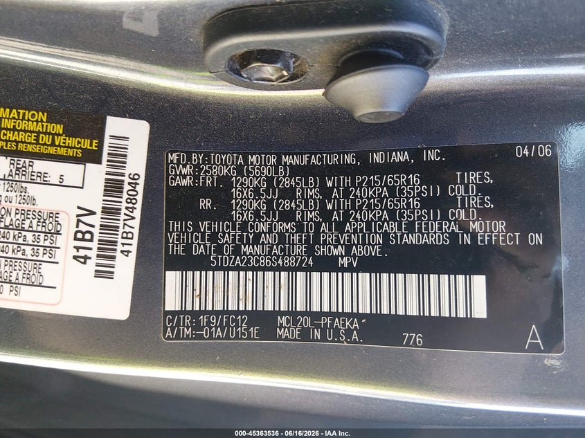 2006 Toyota Sienna VIN 5TDZA23C86S488724 IAAI salvage auction — NORMAL WEAR, Original (Kentucky), sold $550 on 2026-07-06 (photo 9)