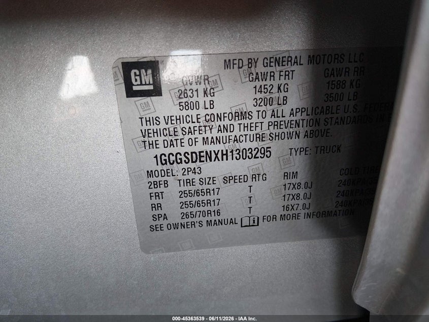 2017 Chevrolet Colorado VIN 1GCGSDENXH1303295 IAAI salvage auction — REAR END, Salvage (Arizona), sold $7,200 on 2026-07-10 (photo 9)