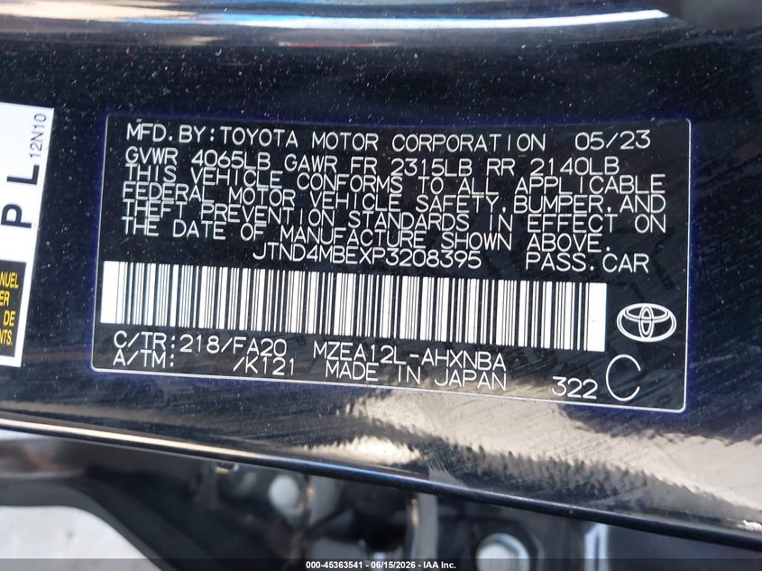 2023 Toyota Corolla VIN JTND4MBEXP3208395 IAAI salvage auction — REAR END, Salvage (California), sold $5,200 on 2026-07-17 (photo 9)