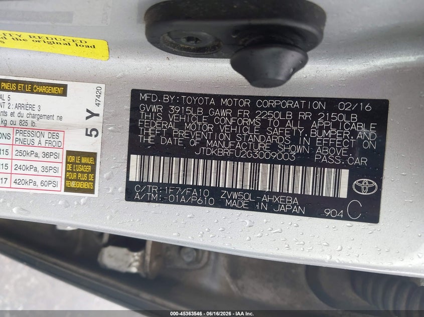 2016 Toyota Prius VIN JTDKBRFU2G3009003 IAAI salvage auction — REAR END, Salvage (Mississippi), sold $1,650 on 2026-07-13 (photo 9)
