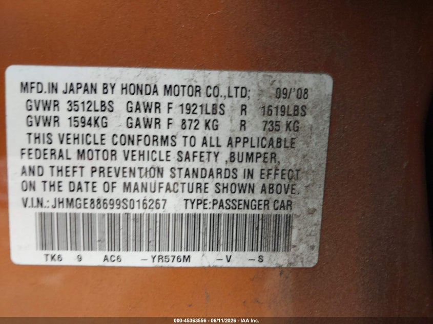 2009 Honda Fit VIN JHMGE88699S016267 IAAI salvage auction — FRONT END, Original (Texas), sold $925 on 2026-07-28 (photo 8)