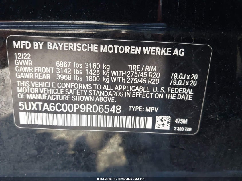 2023 BMW X5 VIN 5UXTA6C00P9R06548 IAAI salvage auction — FRONT END, Salvage (Pennsylvania), sold $28,400 on 2026-07-31 (photo 9)