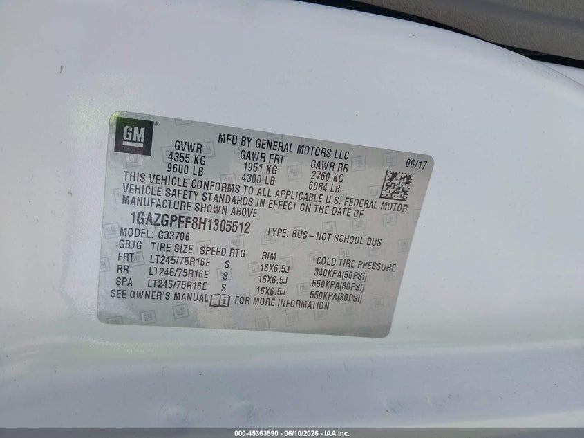 2017 Chevrolet Express 3500 VIN 1GAZGPFF8H1305512 IAAI salvage auction — NORMAL WEAR, Sf97 (California), sold $14,100 on 2026-07-28 (photo 9)