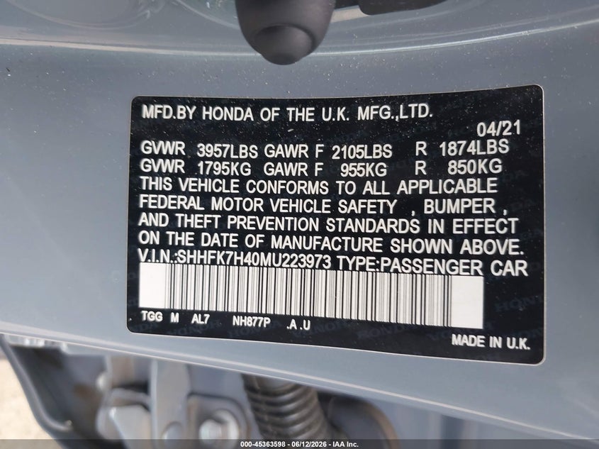 2021 Honda Civic VIN SHHFK7H40MU223973 IAAI salvage auction — FRONT END, Salvage (Virginia), sold $7,100 on 2026-07-28 (photo 9)