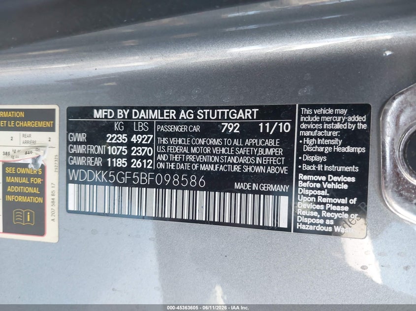 2011 Mercedes-benz E-klasse VIN WDDKK5GF5BF098586 IAAI salvage auction — RIGHT REAR, Salvage (Arizona), sold $1,950 on 2026-07-14 (photo 9)