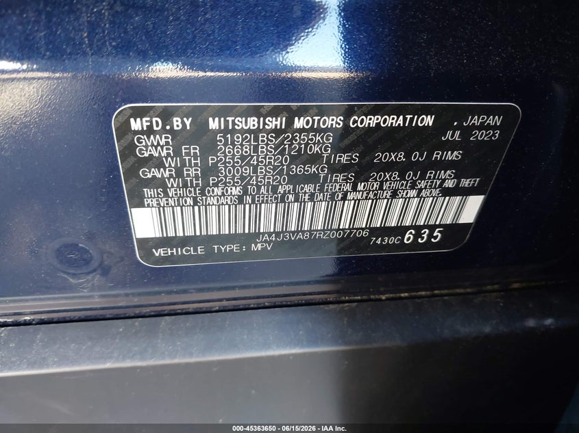 2024 Mitsubishi Outlander VIN JA4J3VA87RZ007706 IAAI salvage auction — REAR END, Salvage (Virginia), sold $6,200 on 2026-07-31 (photo 9)