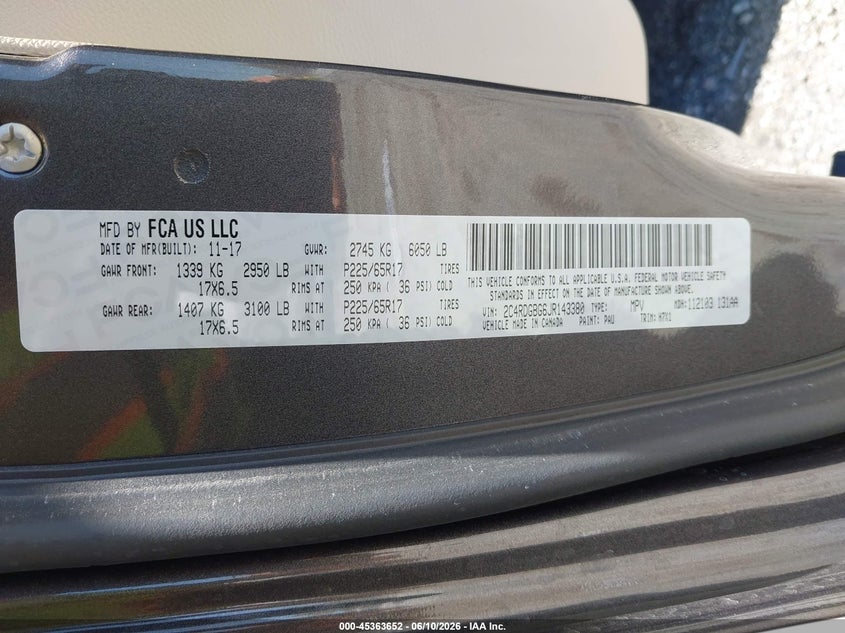 2018 Dodge Grand caravan VIN 2C4RDGBG6JR143380 IAAI salvage auction — NORMAL WEAR, Sf97 (California), sold $10,100 on 2026-07-28 (photo 9)
