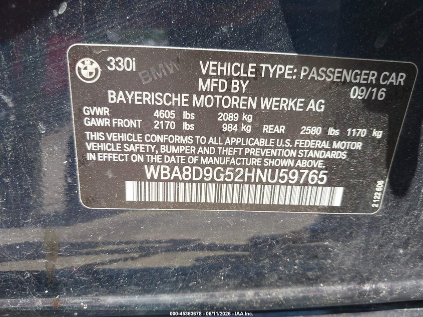 2017 BMW VIN WBA8D9G52HNU59765 IAAI salvage auction — BIO HAZARD, Certificate Of Destruction (Florida), sold $625 on 2026-08-03 (photo 9)
