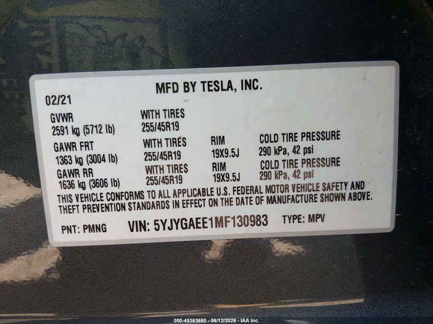 2021 Tesla Model y VIN 5YJYGAEE1MF130983 IAAI salvage auction — UNDERCARRIAGE, Salvage - 75% Or Less (Maryland), sold $8,700 on 2026-07-26 (photo 8)