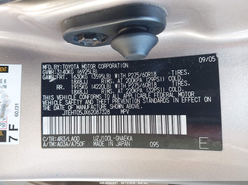 2006 Toyota Land cruiser VIN JTEHT05JX62087328 IAAI salvage auction — REAR END, Salvage (California), sold $8,600 on 2026-07-10 (photo 9)