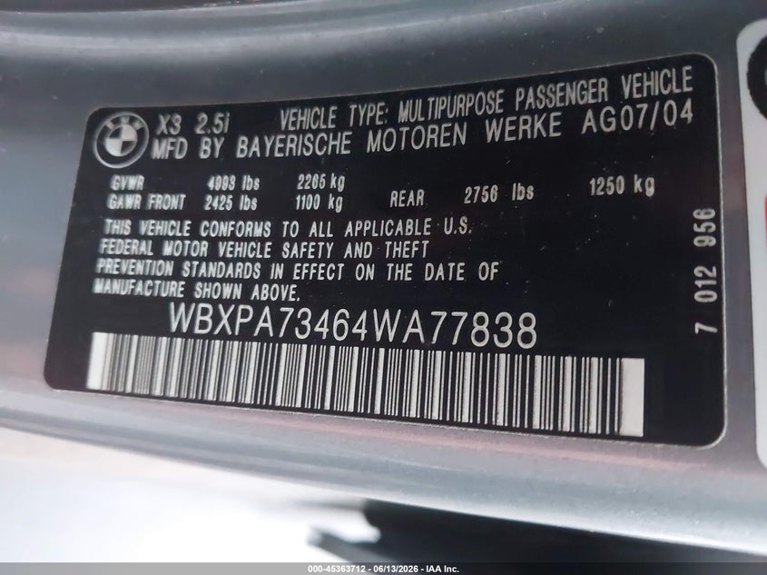 2004 BMW X3 VIN WBXPA73464WA77838 IAAI salvage auction — NORMAL WEAR, Original (Kentucky), sold $25 on 2026-07-20 (photo 9)