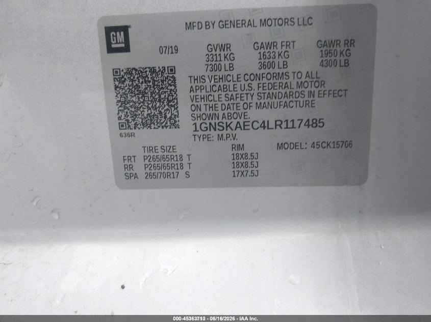 2020 Chevrolet Tahoe VIN 1GNSKAEC4LR117485 IAAI salvage auction — NORMAL WEAR, SF97 (Illinois), sold $20,100 on 2026-07-09 (photo 9)