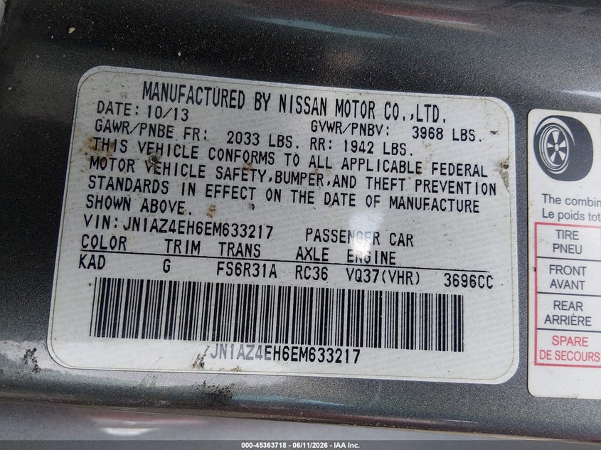 2014 Nissan 370z VIN JN1AZ4EH6EM633217 IAAI salvage auction — FRONT END, Salvage (North Carolina), sold $3,575 on 2026-07-06 (photo 9)