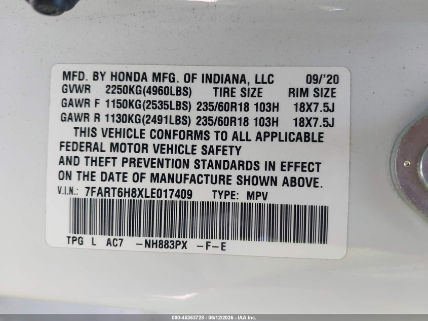 2020 Honda Cr-v VIN 7FART6H8XLE017409 IAAI salvage auction — FRONT END, Salvage Title, sold $8,400 on 2026-07-18 (photo 9)