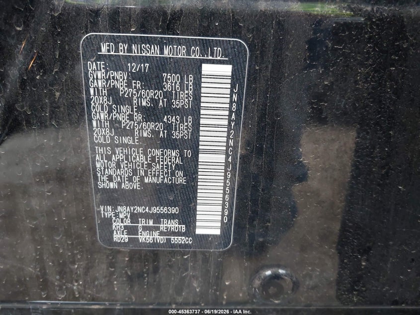 2018 Nissan Armada VIN JN8AY2NC4J9556390 IAAI salvage auction — SIDE, Salvage Title, sold $7,900 on 2026-08-02 (photo 9)