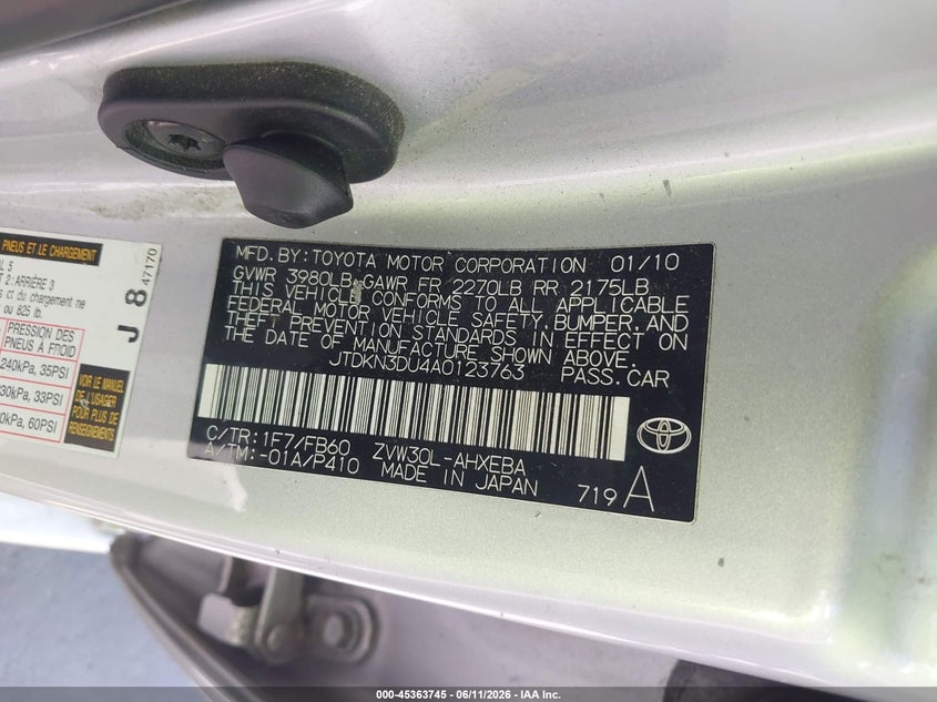 2010 Toyota Prius VIN JTDKN3DU4A0123763 IAAI salvage auction — RIGHT REAR, Salvage (California), sold $3,400 on 2026-07-06 (photo 9)