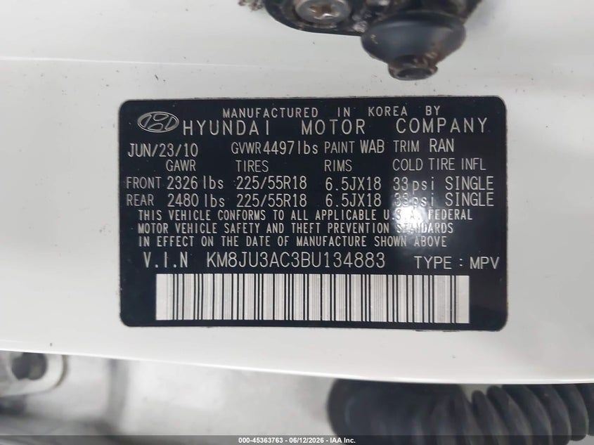 2011 Hyundai Tucson VIN KM8JU3AC3BU134883 IAAI salvage auction — FRONT END, Rebuildable (Florida), sold $550 on 2026-07-22 (photo 9)