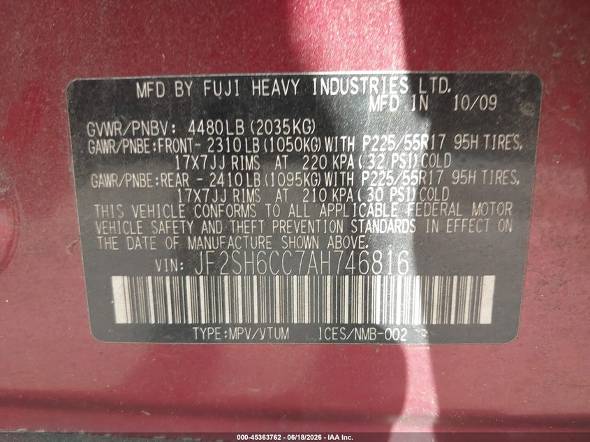2010 Subaru Forester VIN JF2SH6CC7AH746816 IAAI salvage auction — NORMAL WEAR, Clear-Dealer Only (North Carolina), sold $675 on 2026-07-13 (photo 9)