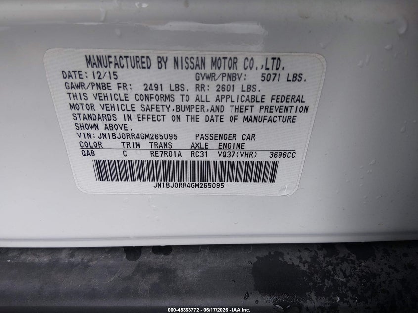 2016 Infiniti Qx50 VIN JN1BJ0RR4GM265095 IAAI salvage auction — FRONT END, Salvage (Missouri), sold $500 on 2026-07-18 (photo 9)