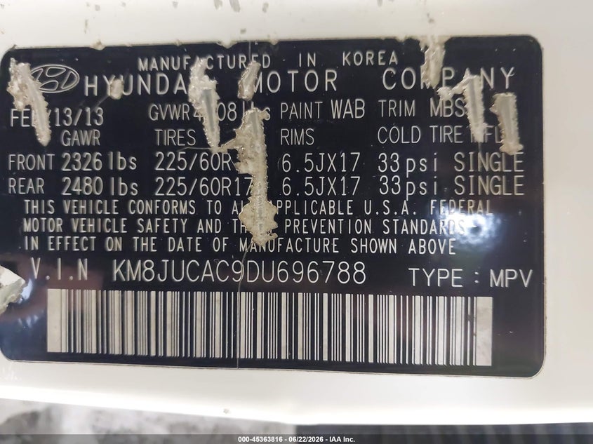 2013 Hyundai Tucson VIN KM8JUCAC9DU696788 IAAI salvage auction — RIGHT REAR, Mv-907A (New York), sold $1,050 on 2026-07-15 (photo 9)