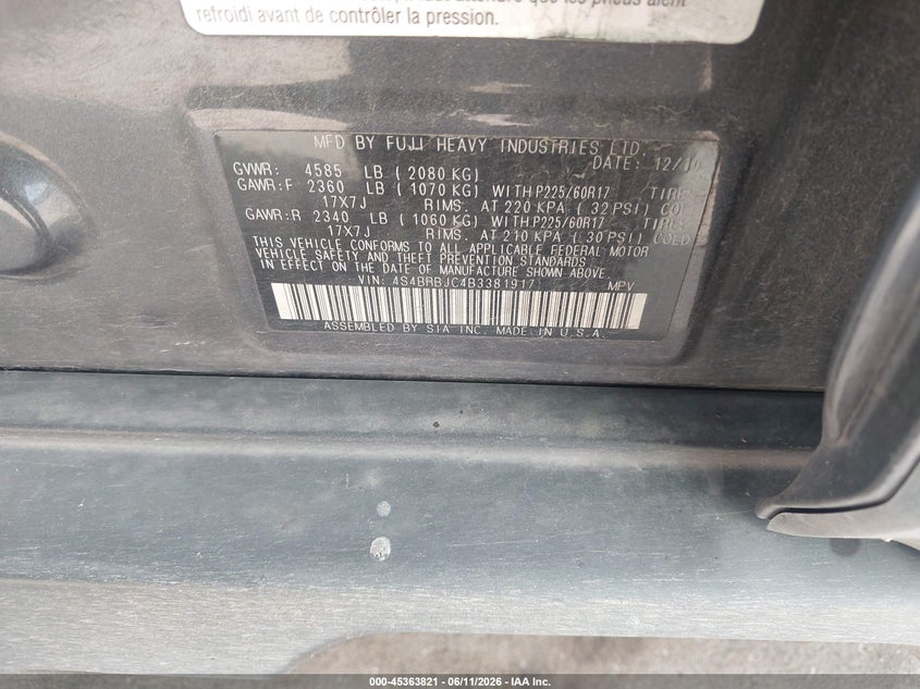 2011 Subaru Outback VIN 4S4BRBJC4B3381917 IAAI salvage auction — NORMAL WEAR, Original (Texas), sold $725 on 2026-07-17 (photo 9)
