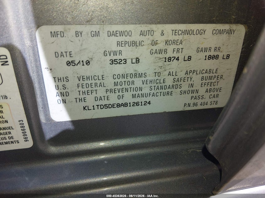 2010 Chevrolet Aveo VIN KL1TD5DE8AB126124 IAAI salvage auction — REAR END, Salvage (Utah), sold $325 on 2026-07-09 (photo 9)
