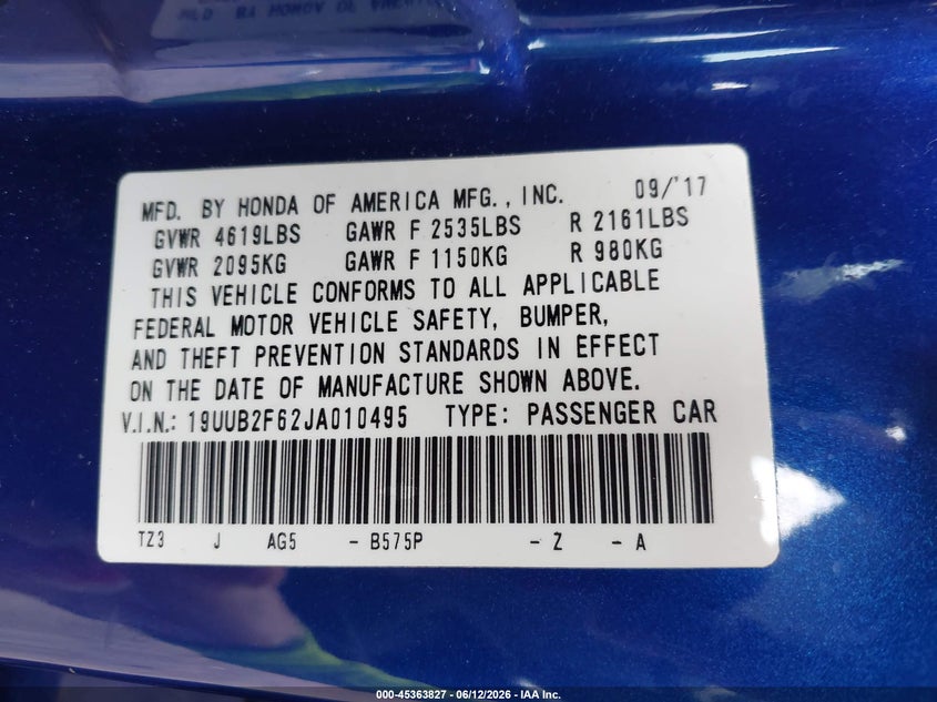 2018 Acura Tlx VIN 19UUB2F62JA010495 IAAI salvage auction — FRONT END, Salvage (Alabama), sold $2,850 on 2026-08-02 (photo 9)
