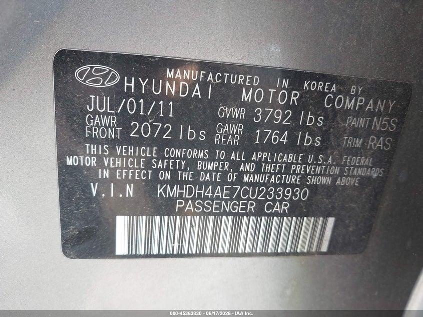 2012 Hyundai Elantra VIN KMHDH4AE7CU233930 IAAI salvage auction — NORMAL WEAR, Clear (Virginia), sold $300 on 2026-07-28 (photo 9)