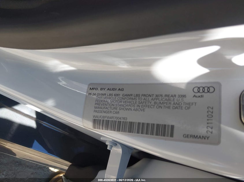2024 Audi E-tron gt VIN WAUFJBFW4R7004763 IAAI salvage auction — FRONT END, Salvage (California), sold $18,000 on 2026-09-03 (photo 9)