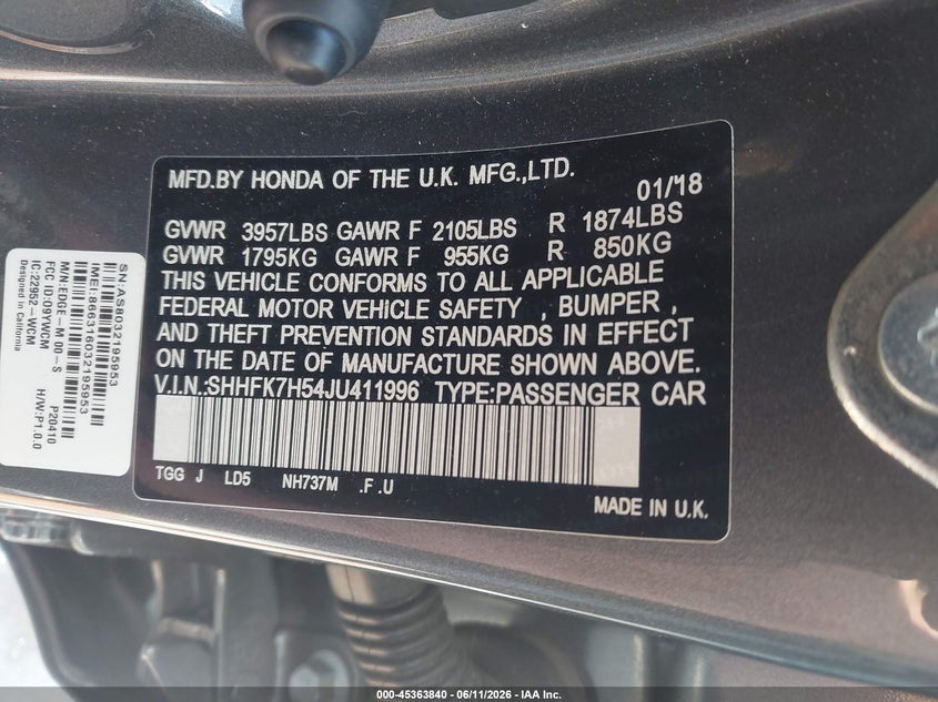 2018 Honda Civic VIN SHHFK7H54JU411996 IAAI salvage auction — FRONT END, Salvage (North Carolina), sold $4,050 on 2026-08-02 (photo 9)