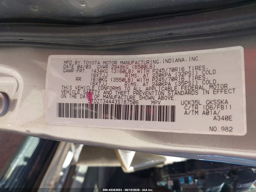 2003 Toyota Sequoia VIN 5TDZT34A43S187506 IAAI salvage auction — NORMAL WEAR, Original (Texas), sold $800 on 2026-07-13 (photo 9)