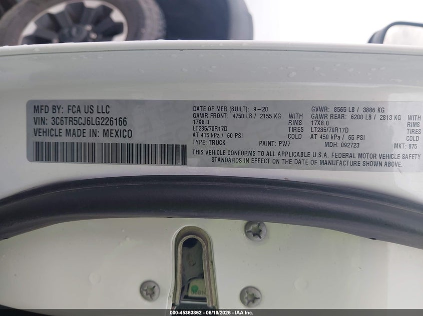 2020 Ram 2500 VIN 3C6TR5CJ6LG226166 IAAI salvage auction — NORMAL WEAR, SF97 (Illinois), sold $17,100 on 2026-07-09 (photo 9)