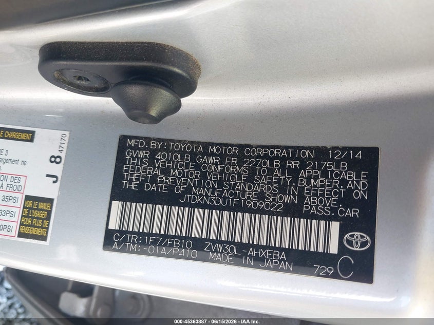 2015 Toyota Prius VIN JTDKN3DU1F1909022 IAAI salvage auction — LEFT FRONT, Salvage (South Carolina), sold $3,000 on 2026-07-14 (photo 9)