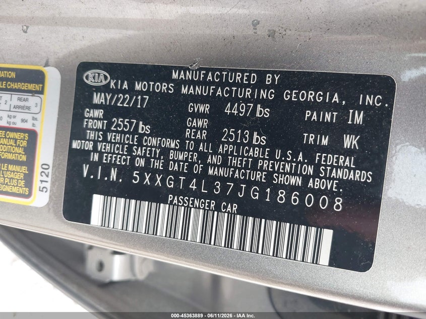 2018 Kia Optima VIN 5XXGT4L37JG186008 IAAI salvage auction — STORM DAMAGE, Salvage (North Carolina), sold $2,025 on 2026-07-24 (photo 9)