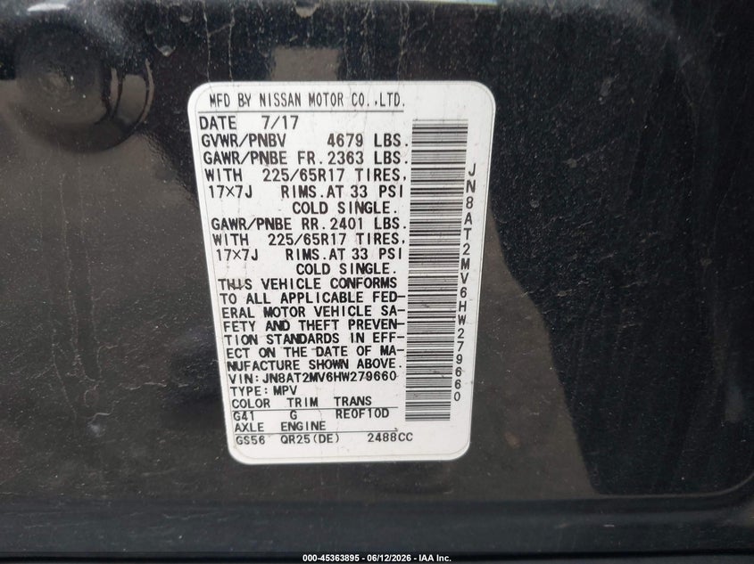 2017 Nissan Rogue VIN JN8AT2MV6HW279660 IAAI salvage auction — RIGHT SIDE, Salvage (Idaho), sold $1,150 on 2026-07-08 (photo 9)
